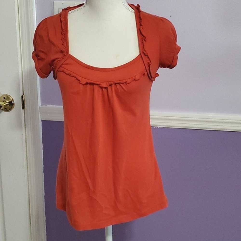 Red Paoint Retro Y2K Rust Ruffled Queen Anne Neckline Fitted Top S